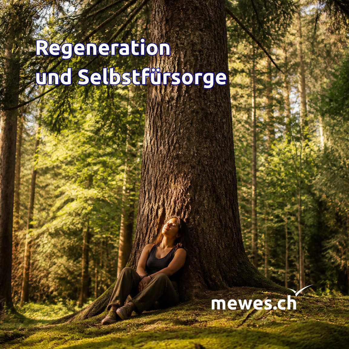 Regeneration und Selbstfürsorge 1 Eine junge Frau sitzt unter einer majestätischen Tanne und geniesst die Ruhe im Wald. Regeneration und Selbstfürsorge